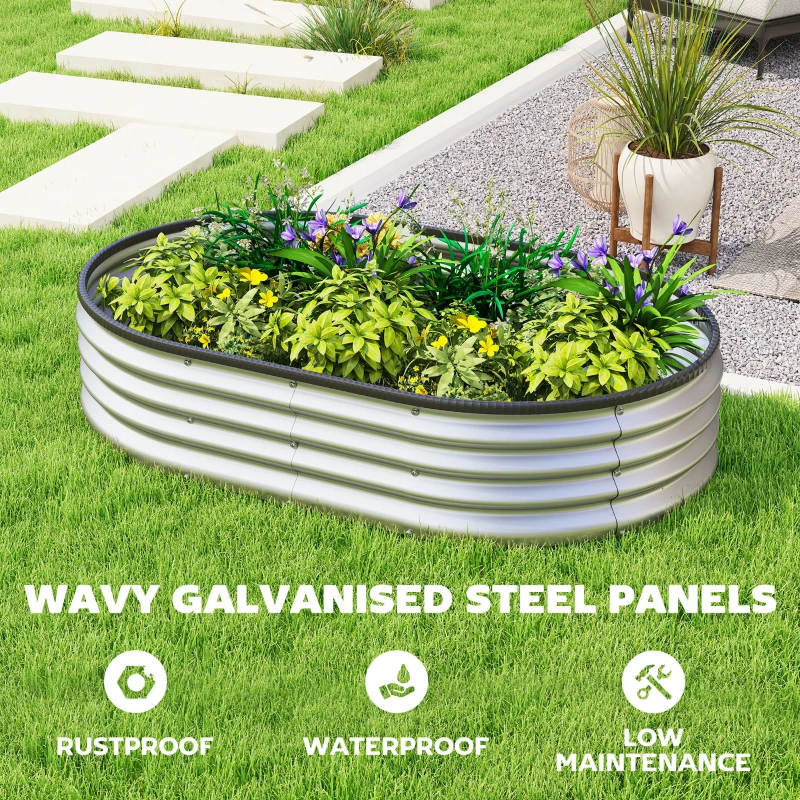 Outsunny 4.9' x 3' x 1' Large Outdoor Planter Box, Galvanized Raised Garden Bed with Metal Plant Stake,  Silver