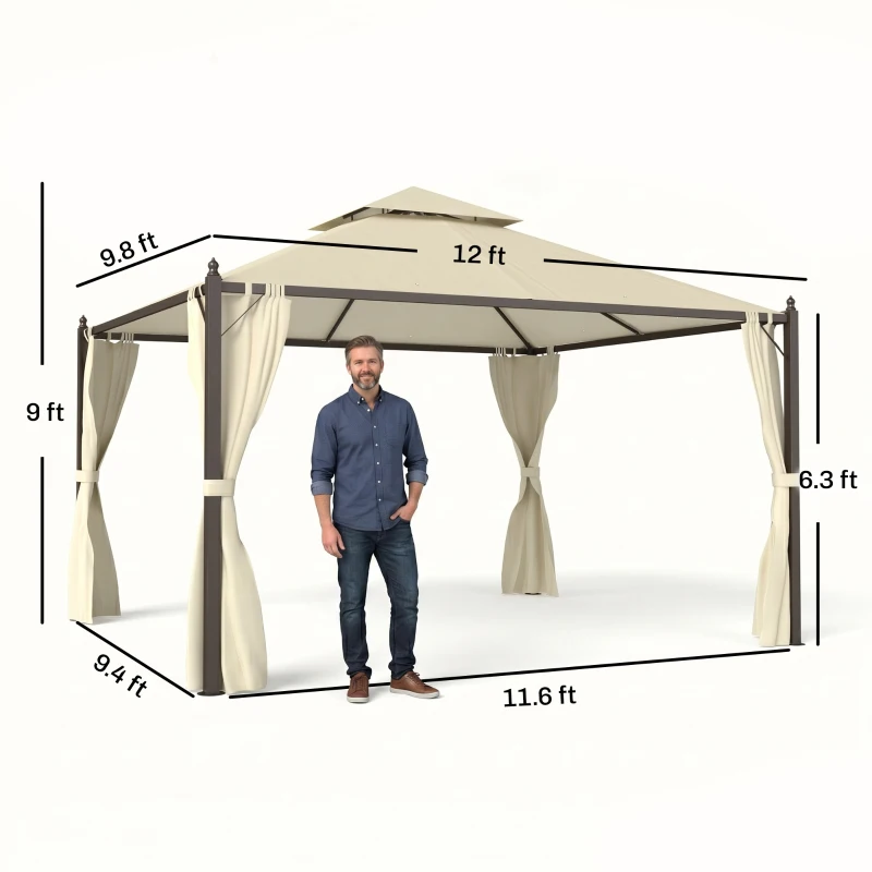 Outsunny 10' x 12' Outdoor Patio Gazebo with Curtains, Two-Tier Roof, Beige