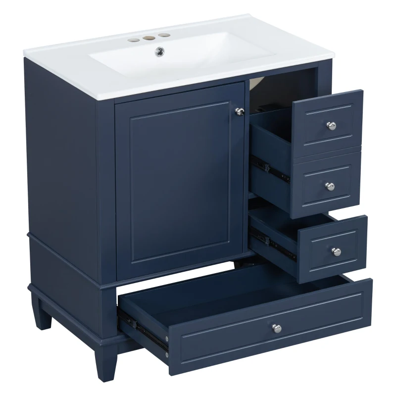 Stylish Bathroom Vanity with Easy-Clean Ceramic Sink and 3 Pre-Drilled Holes, Ideal Cabinet for Modern Bathrooms, 30" L x 18.5" W x 33.5" H, Blue