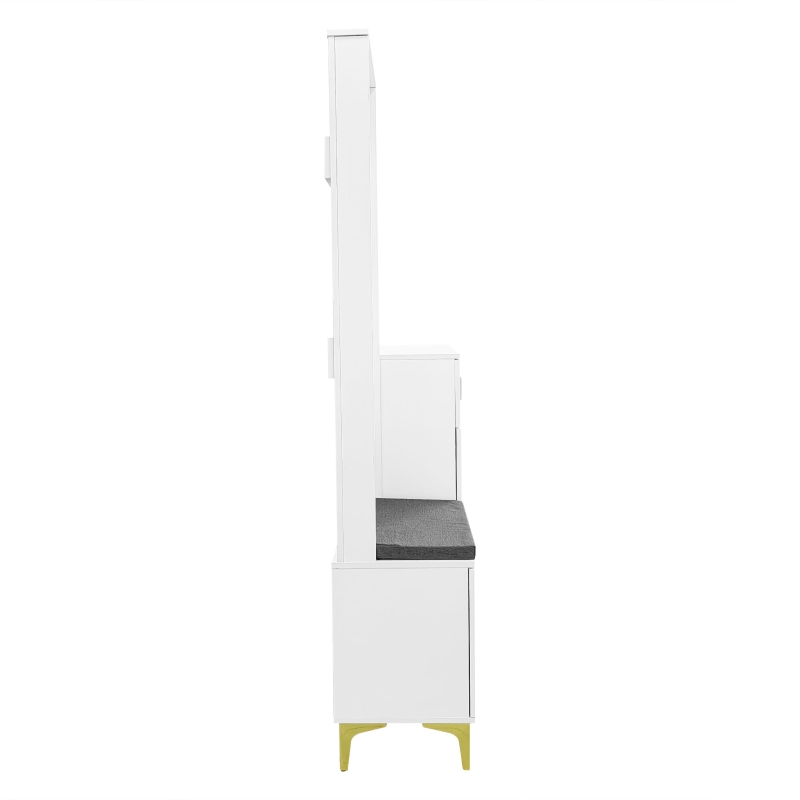 Coat Rack and Shoe Bench Set with Cushioned Seat and Adjustable Shelves, Entry Storage Unit with Wave-Panel Doors, 21.5'' L x 14'' W x 68.5'' H, White
