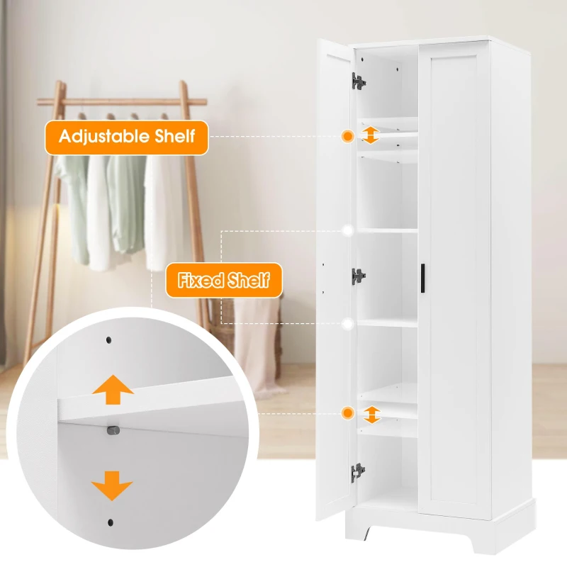 Multi-functional Storage Cabinet with Adjustable and Fixed Shelves, Tall Organizer Cabinet for Bathroom and Office, 23.5'' L x 17'' W x 71'' H, White