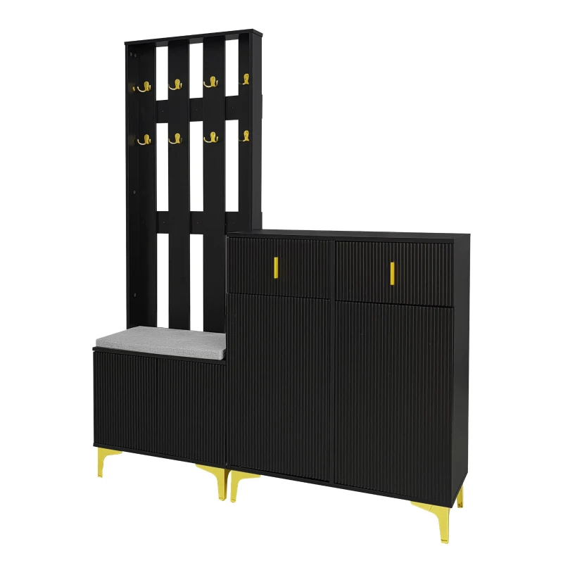 Functional Wardrobe Set with Multiple Compartments, Ideal Storage Unit for Hallways and Mudrooms, 21.5" L x 13.5" W x 68.5" H, Black