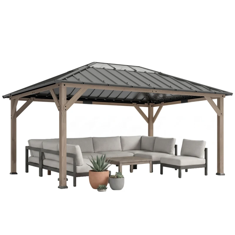 Outsunny 12' x 16' Hardtop Gazebo with Galvanized Steel Roof, UPF50+ Wood Permanent Pavilion with Clear Roof Top, Light Walnut