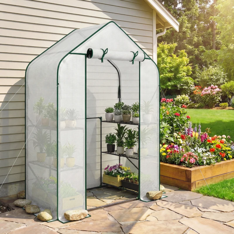 Outsunny Greenhouse for Outdoors, Portable Greenhouse with 6 Shelves, UV-Resistant PE Cover, Roll-Up Door, White