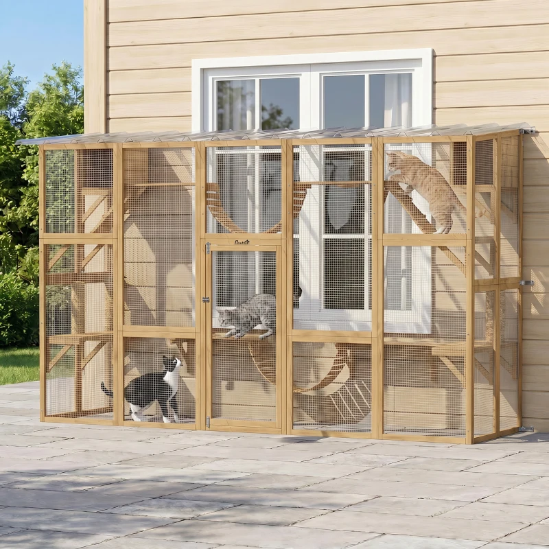 PawHut Catio Playground Cat Window Box Outside Enclosure for Multiple Cats w/ Shelves & Bridges, Yellow