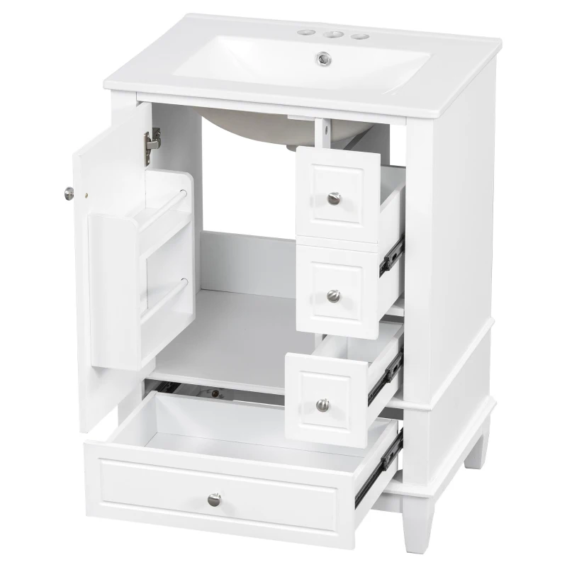 Spacious Bathroom Vanity with 3 Drawers and One-Door Cabinet, Freestanding Cabinet for Small Bathrooms, 24" L x 18.5" W x 34" H, White