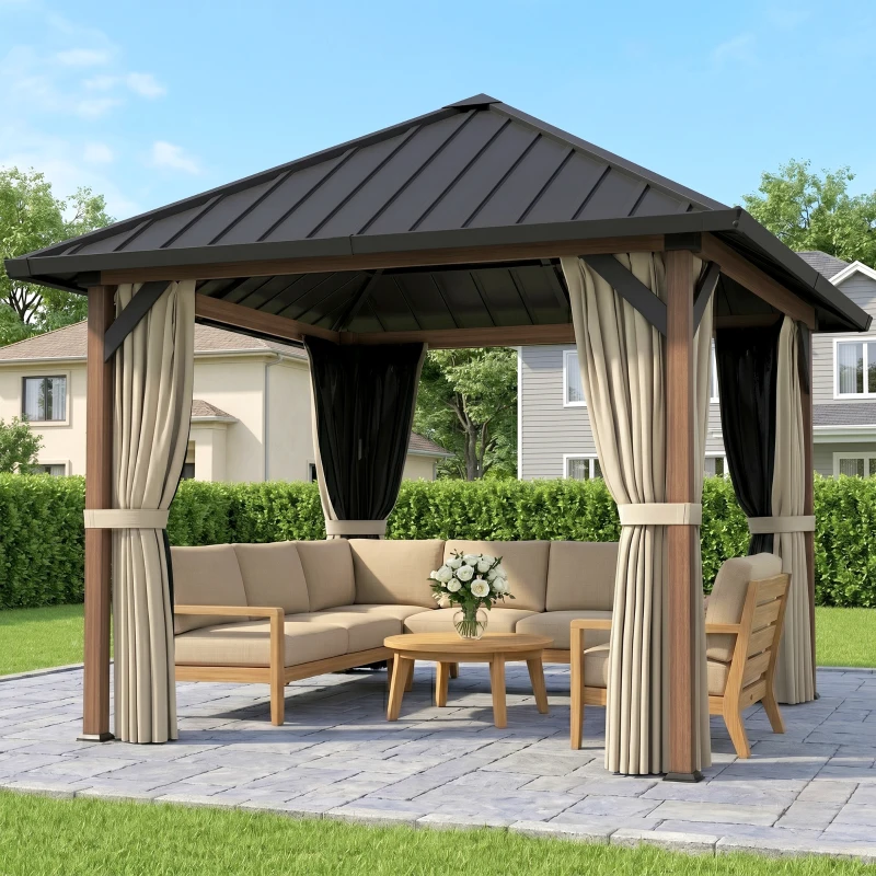 Outsunny 10' x 10' Hardtop Gazebo with Galvanized Steel Roof, Permanent Garden Gazebo with Netting and Curtains