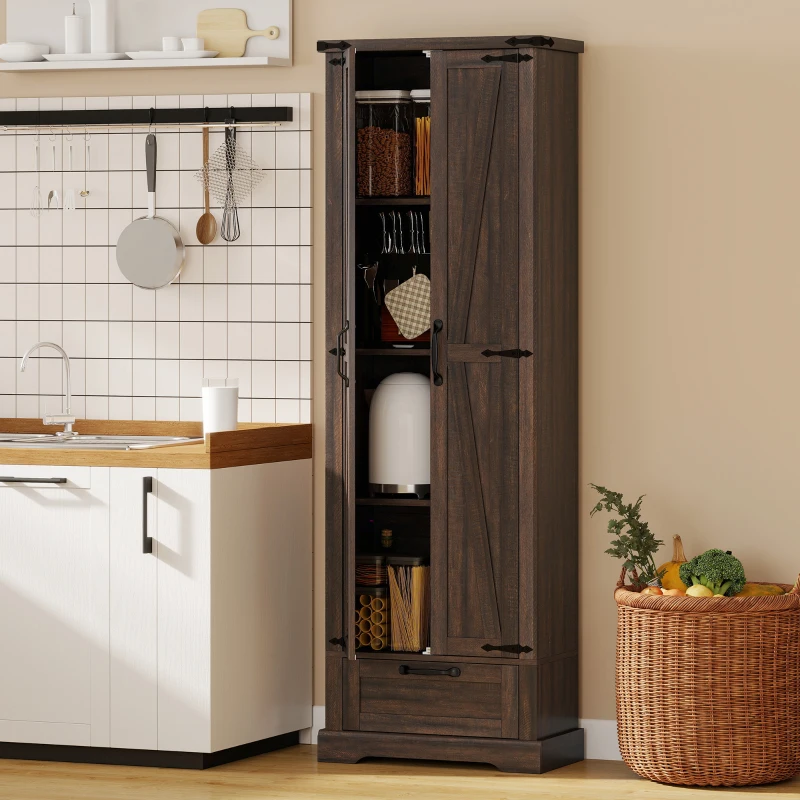 HOMCOM 71" Pantry Cabinet, Kitchen Storage Cabinet with Adjustable Shelves, Barn Doors and Drawer for Dining Room, Brown