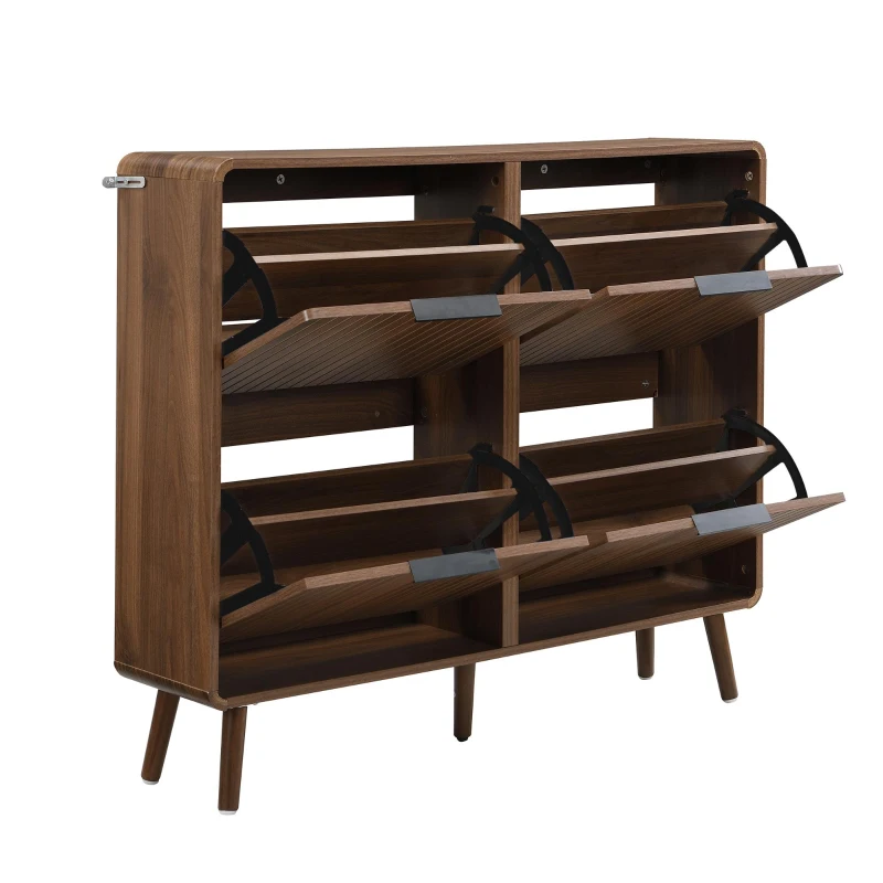 Modern Shoe Cabinet with Solid Tapered Wood Legs, Walnut Shoe Organizer with Double-Tier Storage, 41.5'' L x 9.5'' W x 36'' H, Walnut