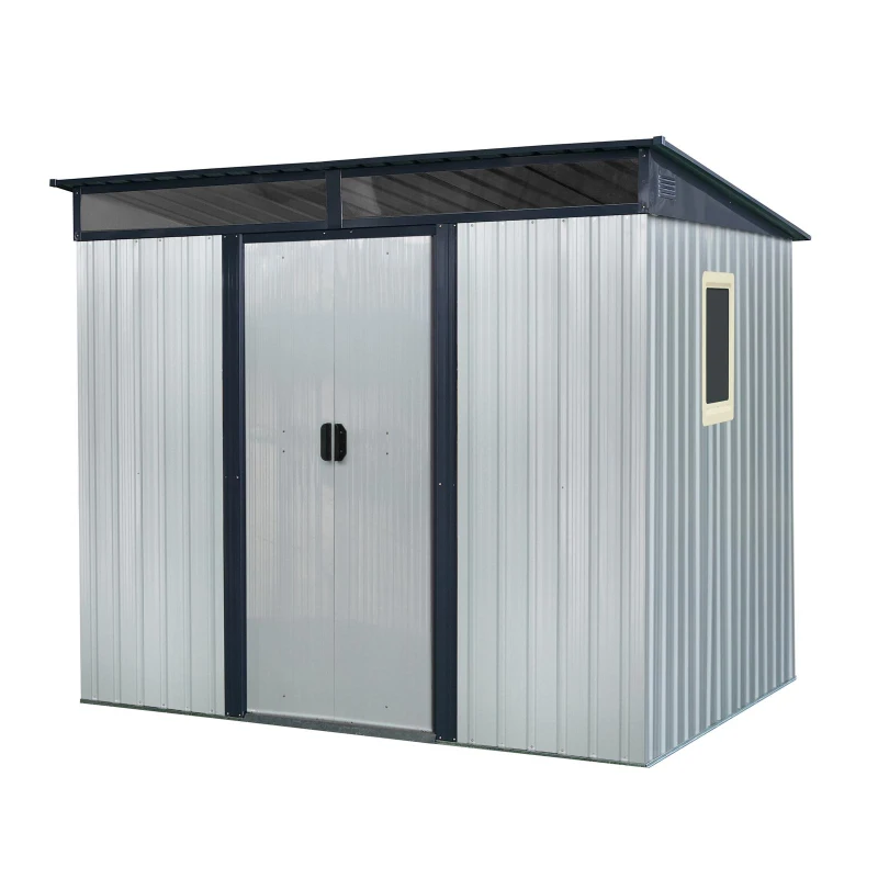 8ft x 6ft Outdoor Metal Storage Shed with Lockable Sliding Doors, Peaked Roof Metal House for Garden Tools, 93.5'' L x 68.5'' W x 77'' H, White+Black