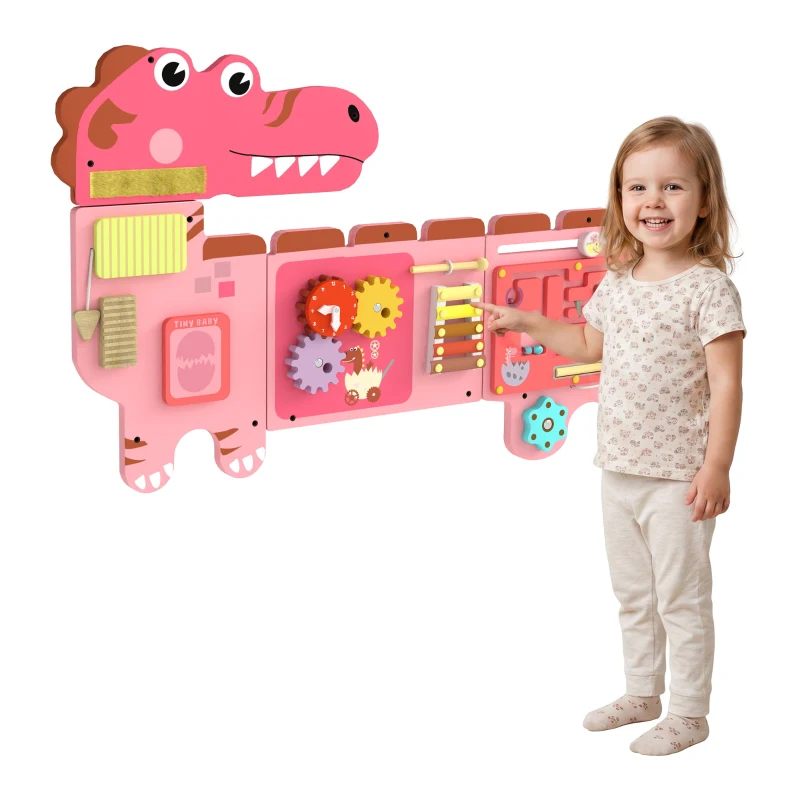 Qaba Busy Board Panels wall mounted Montessori Sensory Toys dinosaur center 87 x 52 x 5.5 cm Pink