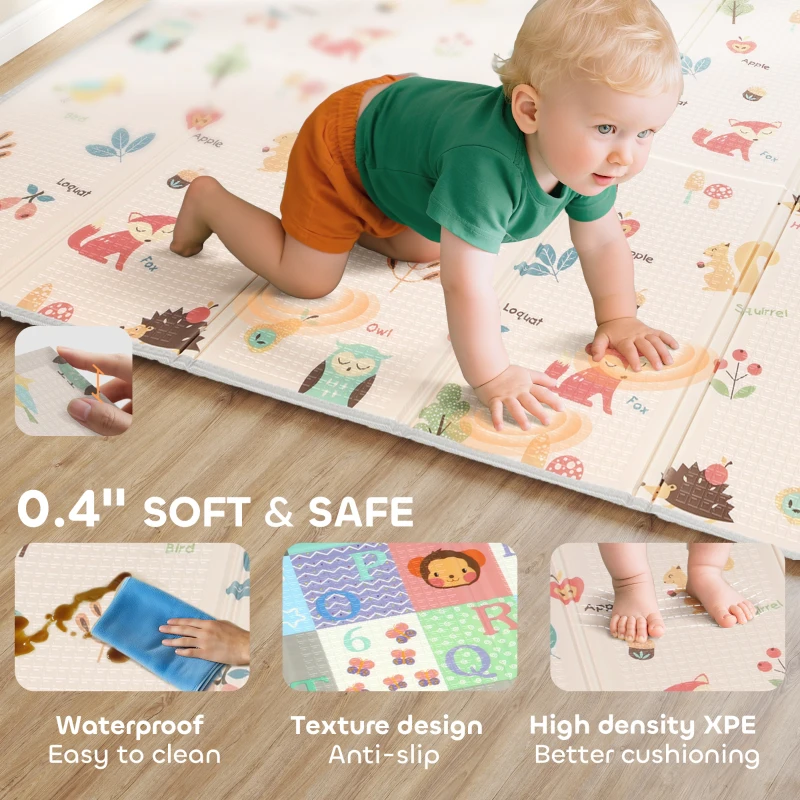 Qaba Baby Play Mat Double-Sided, Foldable Activity Playmat, Waterproof Reversible Playmat for Toddlers, 71" x 59"