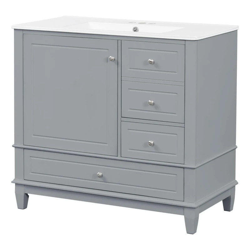 Spacious Bathroom Vanity with 3 Drawers and One-Door Cabinet, Freestanding Cabinet for Small Bathrooms, 36" L x 18.5" W x 33.5" H, Gray