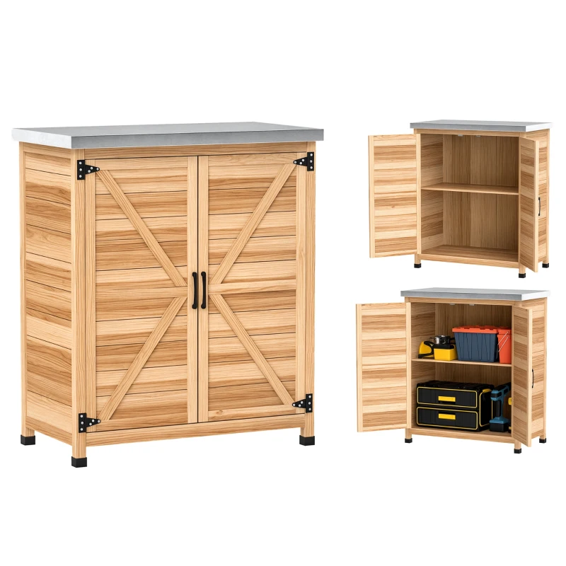 Outsunny Garden Storage Cabinet, Outdoor Potting Bench Table with Metal Tabletop, Shelf and Double Doors, Natural