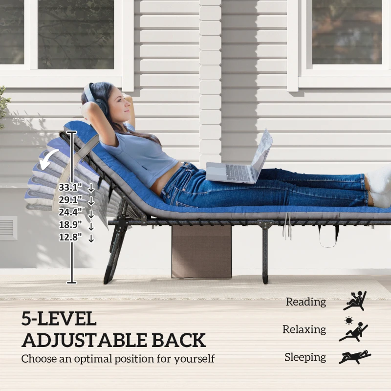 Outsunny Outdoor Chaise Lounge Chair Set of 2, 5-Level Adjustable Folding Pool Lounge Chairs with Cushions, Brown/Blue