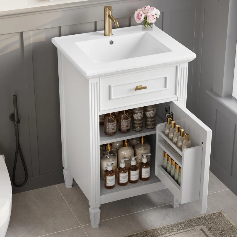 Functional Bathroom Vanity with Ceramic Sink and Tip-Out Top Drawer, Perfect Cabinet for Compact Bathrooms, 20" L x 18.5" W x 33.5" H, White
