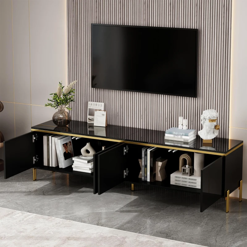 Modern High-Gloss TV Stand with Built-In Cable Management, Metal Legged TV Cabinet with Easy-Clean Surface, 67'' L x 15'' W x 19.5'' H, Black