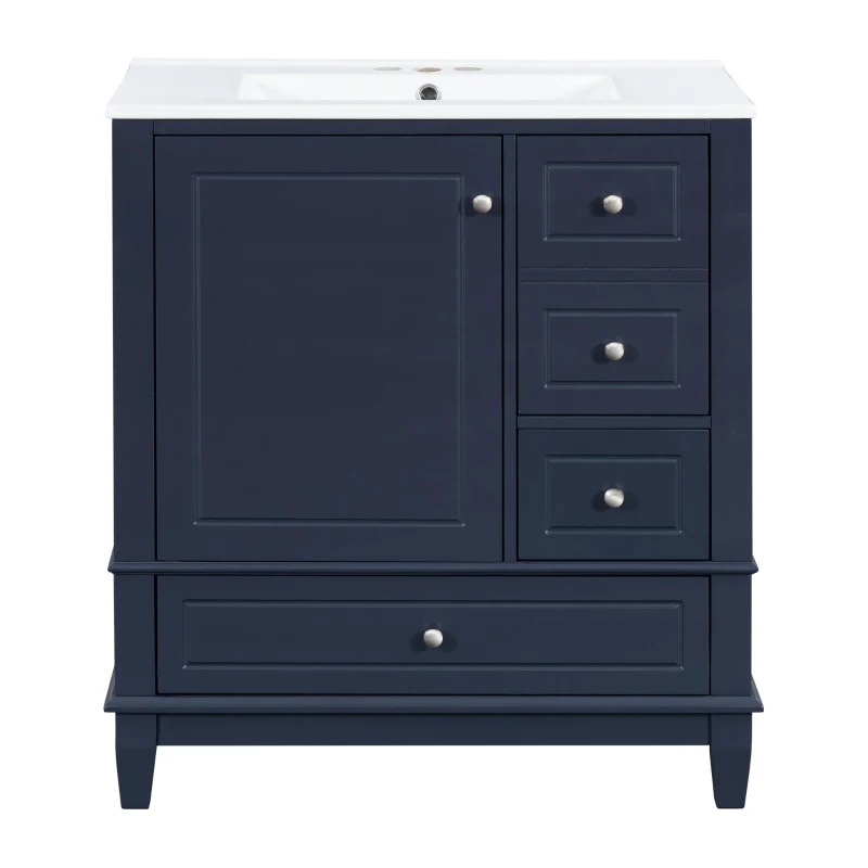Stylish Bathroom Vanity with Easy-Clean Ceramic Sink and 3 Pre-Drilled Holes, Ideal Cabinet for Modern Bathrooms, 30" L x 18.5" W x 33.5" H, Blue