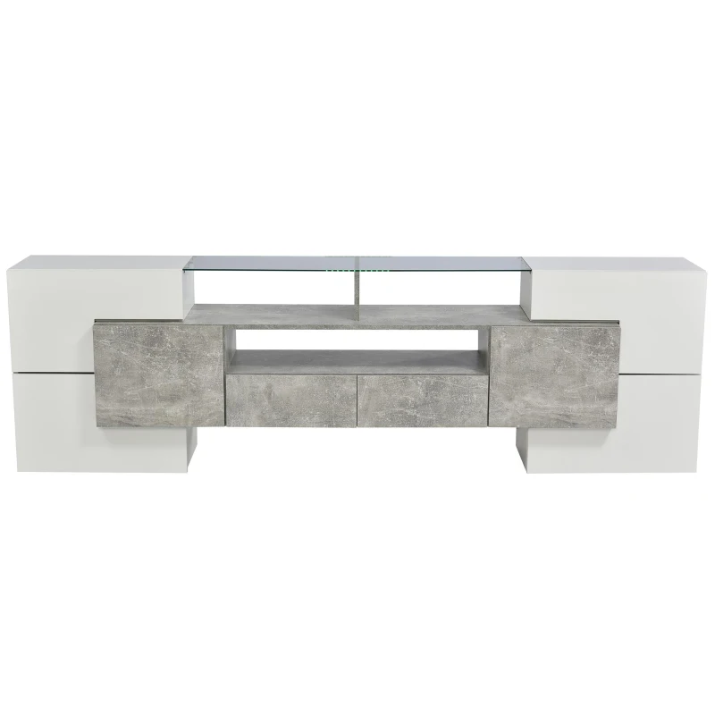 Spacious TV Stand with 6 Doors and 2 Drawers, Stylish Lowboard for Living Rooms, 78.5" L x 13.5" W x 23.5" H, White+Gray