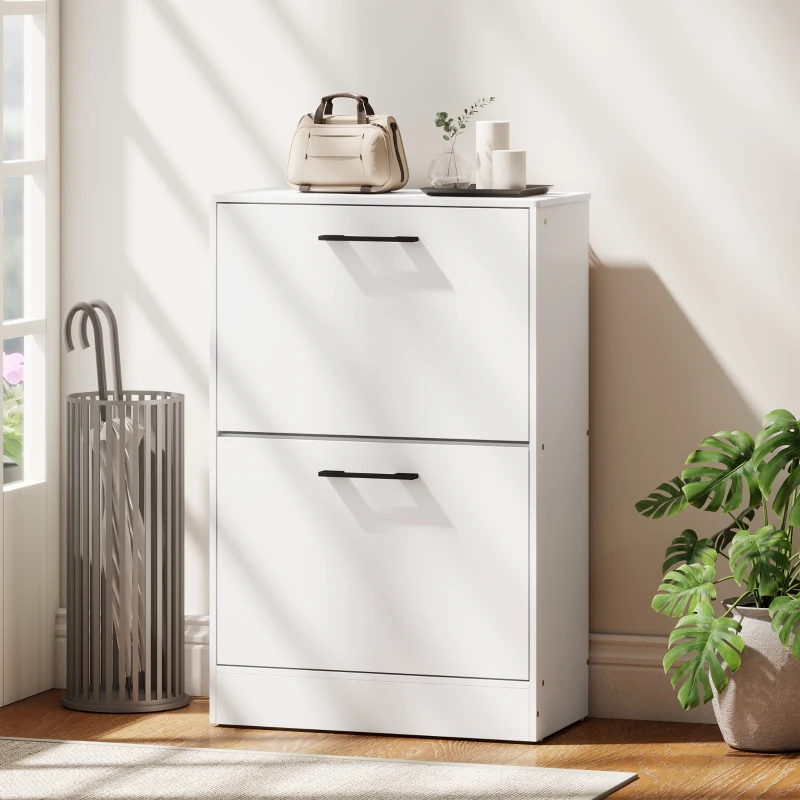 HOMCOM Shoe Cabinet 2 Flip Drawers Narrow Shoe Storage Unit Adjustable Dividers Entryway Hallway White