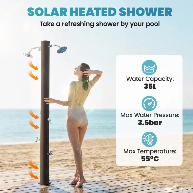 Outsunny 9.2 Gallon Solar Heated Outdoor Shower, 7.1ft with 2 Free-Rotating Shower Heads & Foot Showers for Poolside Beach Spa