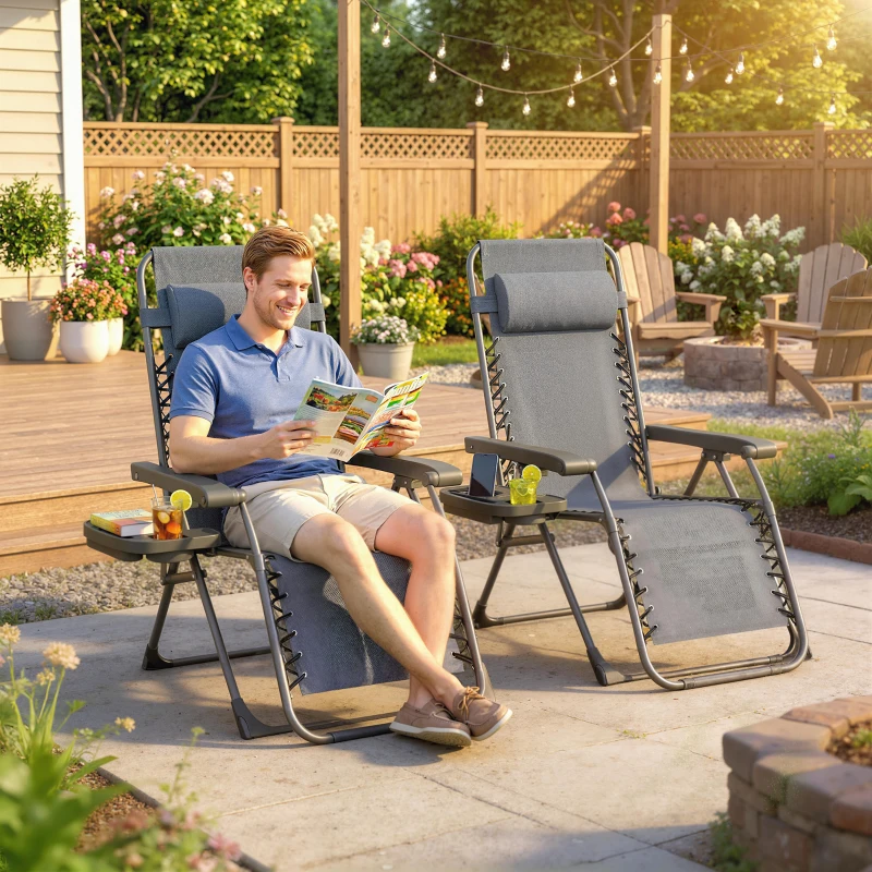 Outsunny Zero Gravity Chair Set of 2, Folding Reclining Outdoor Lounge Chair with Cup Holder, Headrest, Dark Grey
