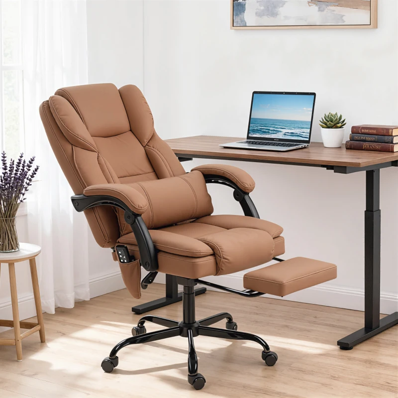HOMCOM Office Chair with Massage, Pet-Friendly Faux Leather Reclining Desk Chair with Lumbar Support, Footrest, Brown