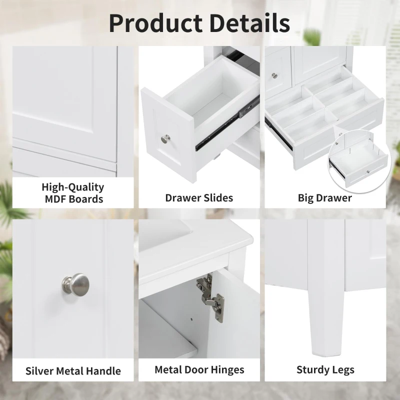 Ample Bathroom Vanity with 2 Upper Drawers and Removable Bottom Drawer, Ideal Cabinet for Small Bathrooms, 24" L x 18.5" W x 34" H, White