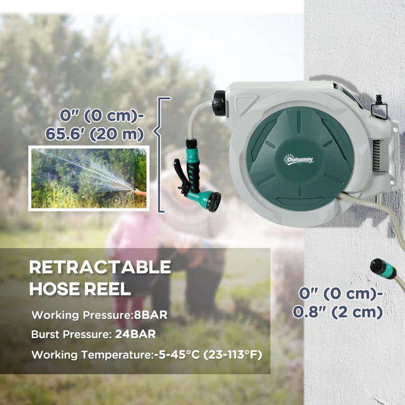 Outsunny 1/2 in x 65ft Wall Mounted Garden Hose Reel, Retractable Water Hose Reel with Auto Rewind, Any Length Lock, Green