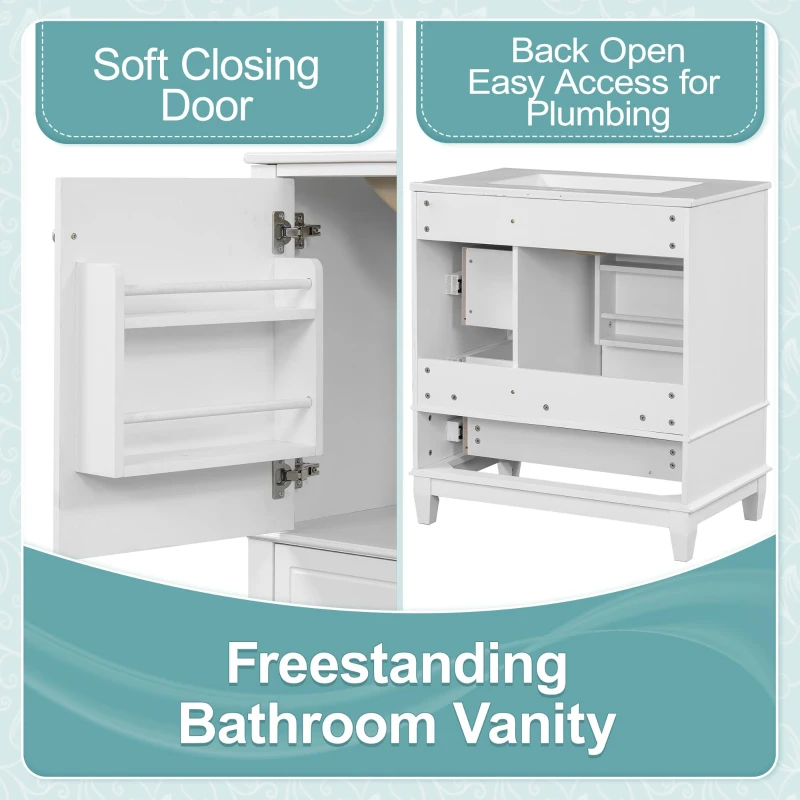 Stylish Bathroom Vanity with Easy-Clean Ceramic Sink and 3 Pre-Drilled Holes, Ideal Cabinet for Modern Bathrooms, 30" L x 18.5" W x 33.5" H, White