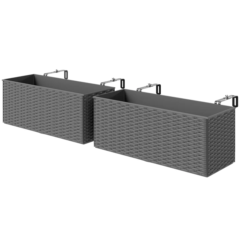 Outsunny 2 Pack 20 Inch Hanging Flower Pots, Railing Planter Box for Fence, Garden, Rattan Look, Grey
