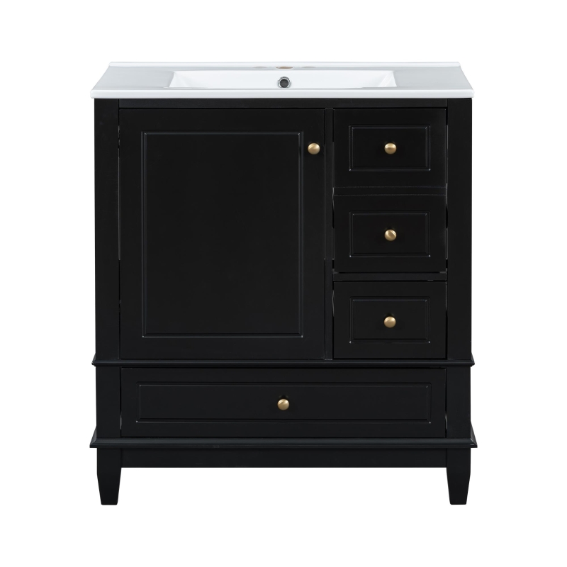 Stylish Bathroom Vanity with Easy-Clean Ceramic Sink and 3 Pre-Drilled Holes, Ideal Cabinet for Modern Bathrooms, 30" L x 18.5" W x 33.5" H, Black