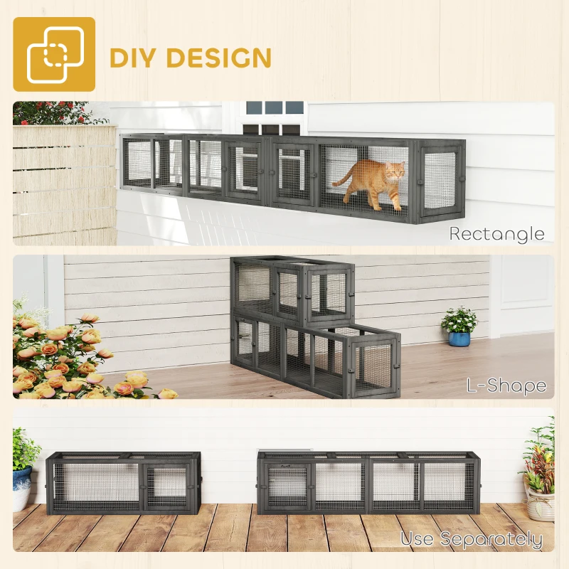 PawHut Cat Tunnel, Outdoor Cat Enclosure with Combinable Design, 8 Doors, 98" Kitty Toys for House, Window, Cage, Dark Grey