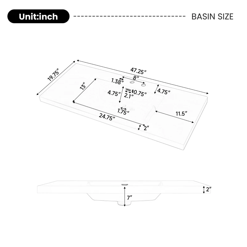 Resin Vanity Top with Integrated Basin, Pre-Drilled Sink Top with Built-In Overflow, 47'' L x 19.5'' W x 7'' H, White