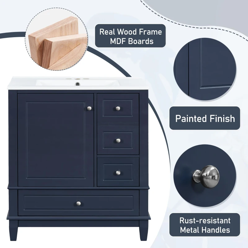Stylish Bathroom Vanity with Easy-Clean Ceramic Sink and 3 Pre-Drilled Holes, Ideal Cabinet for Modern Bathrooms, 30" L x 18.5" W x 33.5" H, Blue