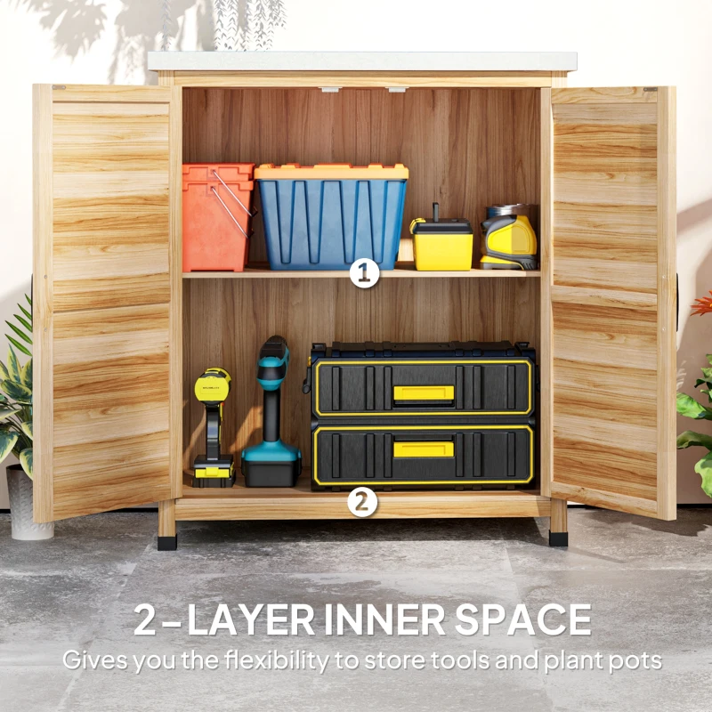 Outsunny Garden Storage Cabinet, Outdoor Potting Bench Table with Metal Tabletop, Shelf and Double Doors, Natural