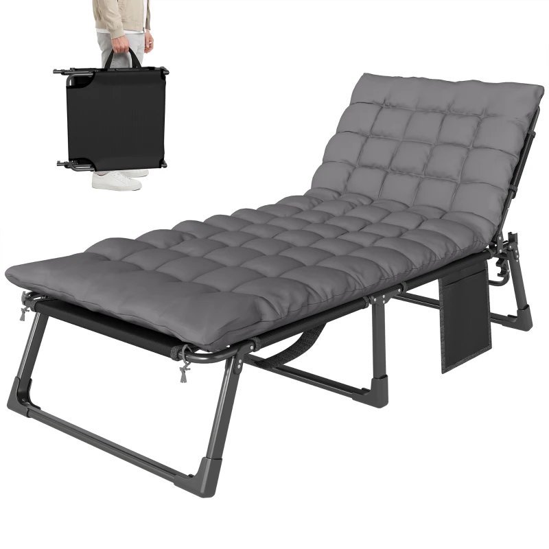 Outsunny 29.5" Wide Folding Chaise Lounge Chair Outdoor Tanning Chair, Camping Cot with Cushion, Side Pocket, Dark Grey
