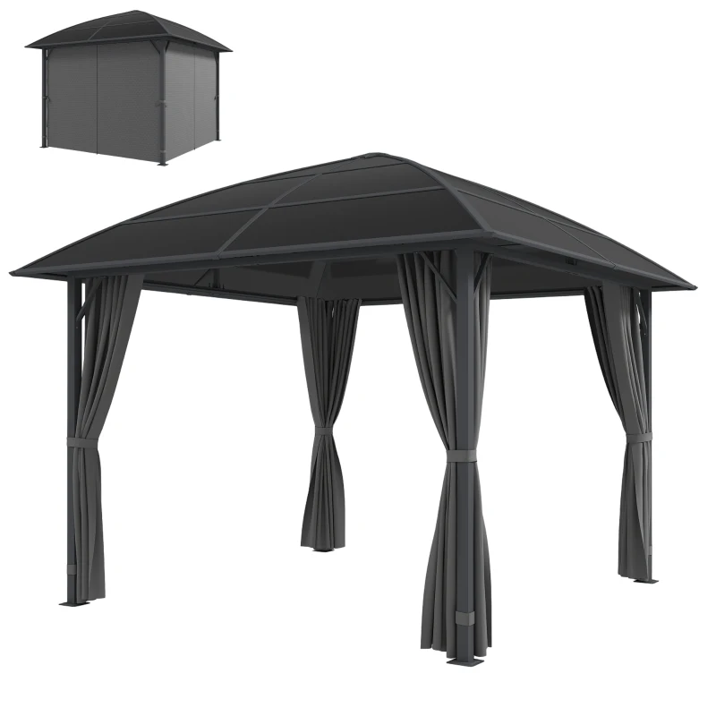Outsunny 10' x 10' Outdoor Hardtop Gazebo Canopy with UV60+ Polycarbonate Roof, Steel Frame, Central Hook, Curtains, Light Grey
