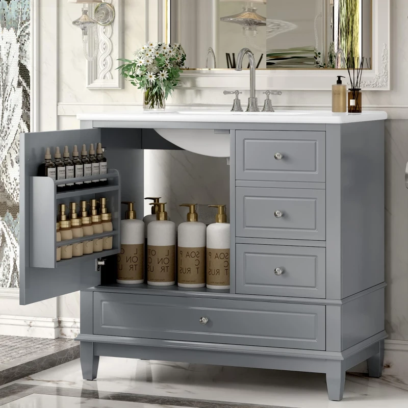 Spacious Bathroom Vanity with 3 Drawers and One-Door Cabinet, Freestanding Cabinet for Small Bathrooms, 36" L x 18.5" W x 33.5" H, Gray