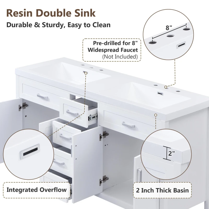 Double Sink Bathroom Vanity with Integrated Resin Sinks, 4-Drawer Storage Vanity for Modern Bathrooms, 59'' L x 19.5'' W x 33.5'' H, White
