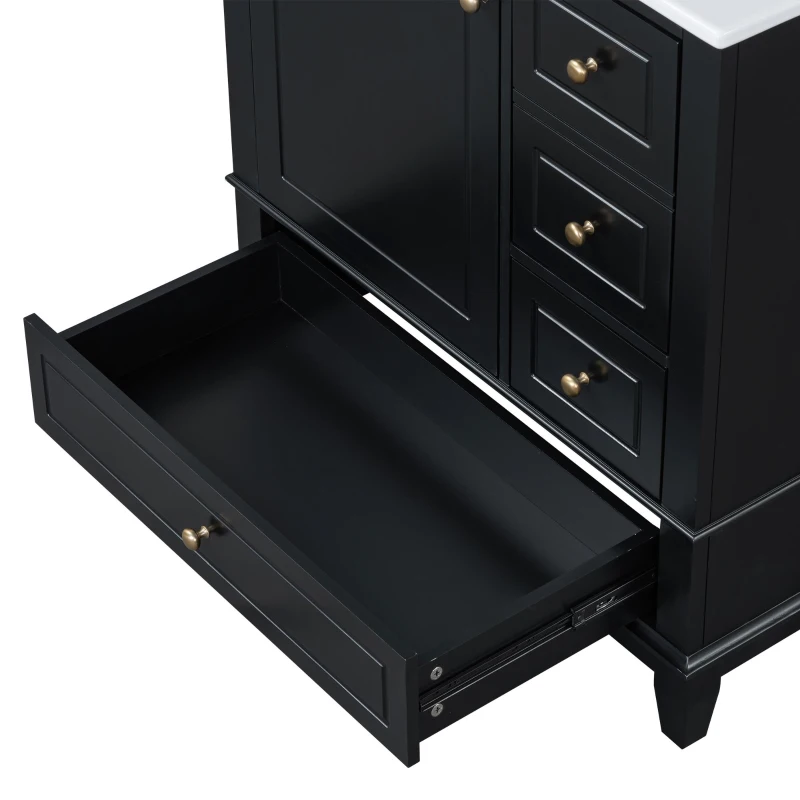 Stylish Bathroom Vanity with Easy-Clean Ceramic Sink and 3 Pre-Drilled Holes, Ideal Cabinet for Modern Bathrooms, 30" L x 18.5" W x 33.5" H, Black