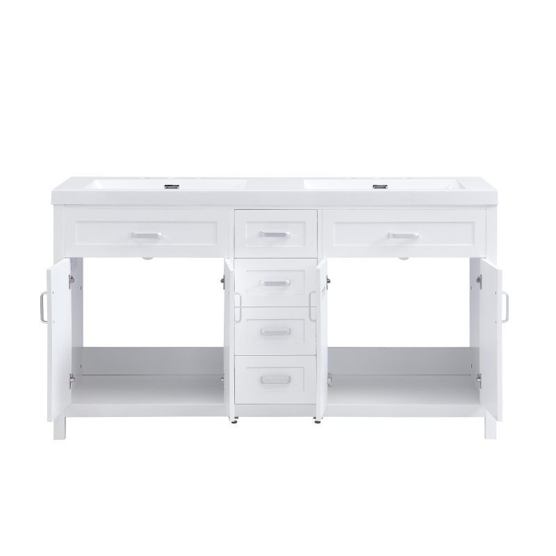 Double Sink Bathroom Vanity with Integrated Resin Sinks, 4-Drawer Storage Vanity for Modern Bathrooms, 59'' L x 19.5'' W x 33.5'' H, White