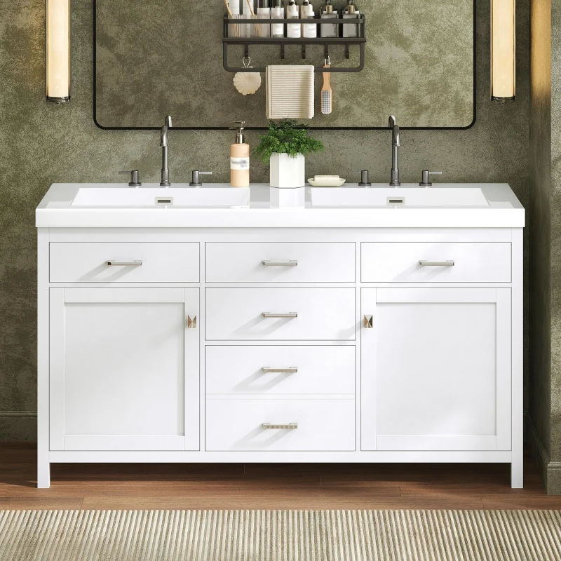 59-inch Double Sink Bathroom Vanity with Built-In Overflow, Transitional Bathroom Cabinet with Soft-Close Doors, 59'' L x 19.5'' W x 34'' H, White