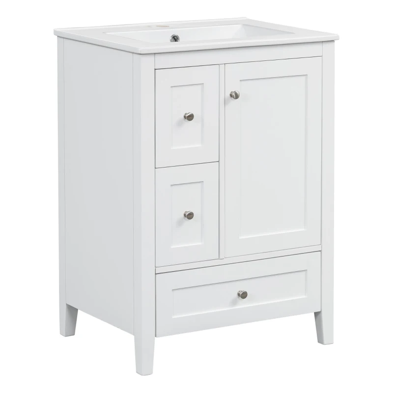 Ample Bathroom Vanity with 2 Upper Drawers and Removable Bottom Drawer, Ideal Cabinet for Small Bathrooms, 24" L x 18.5" W x 34" H, White