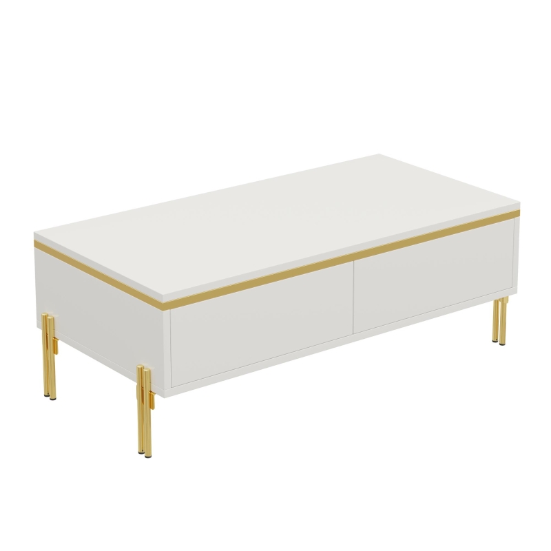 Modern High-Gloss Coffee Table with Hidden Dual Drawers, Stain-Resistant Center Table with Metal Legs, 39.5'' L x 19.5'' W x 14'' H, White