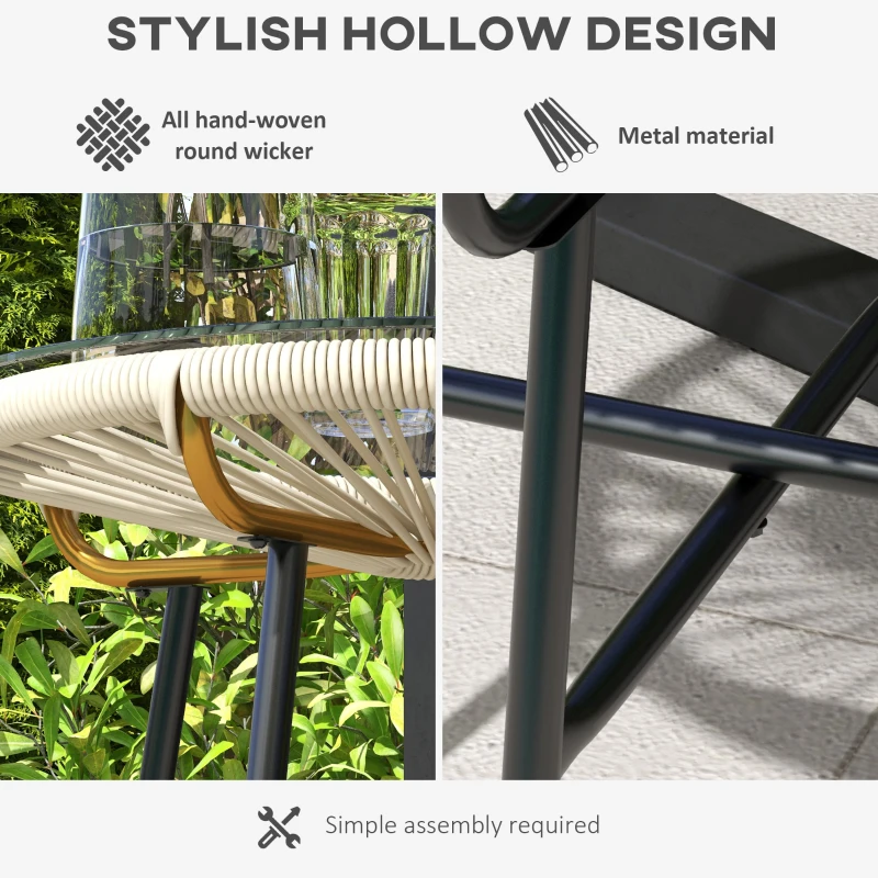 Outsunny Rattan Side Table, Round Outdoor Table, with Round PE Rattan and Tempered Glass Table Top for Patio, Garden, Cream White