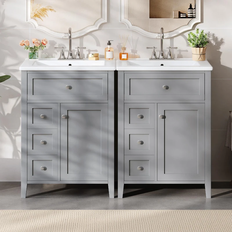 Double Bathroom Vanities with Tip-Out Top Drawer and 3 Pull-Out Drawers, Stylish Cabinets with Freestanding Design, 48" L x 18.5" W x 34" H, Gray