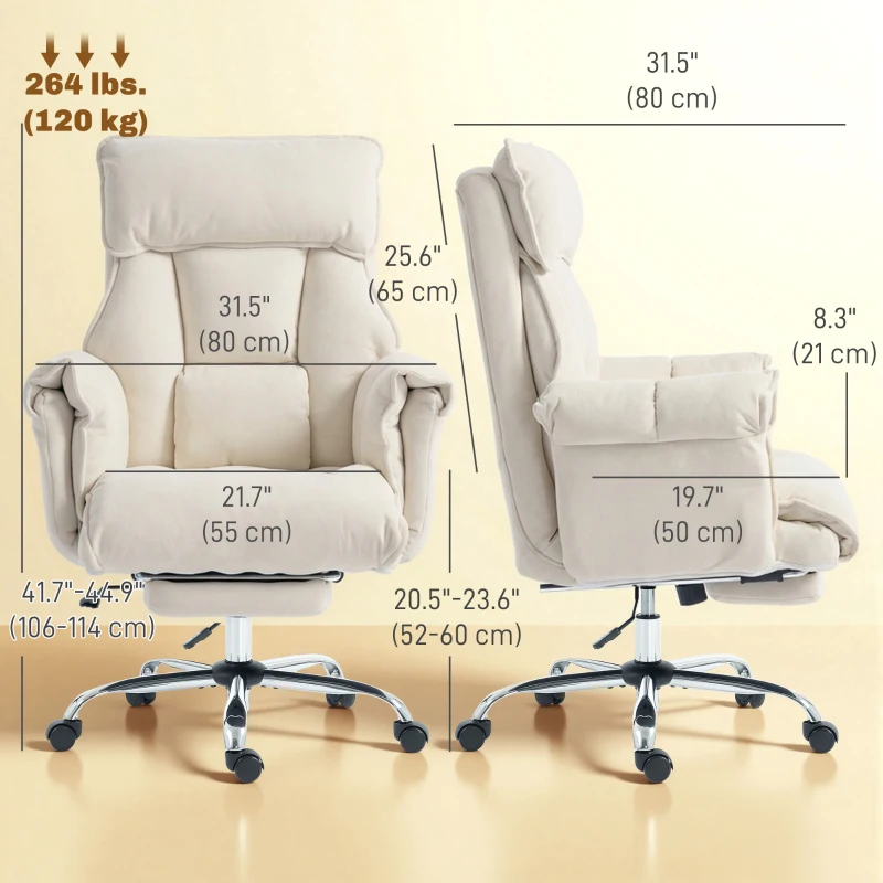 HOMCOM Desk Chair, Computer Office Chair with Footrest, Adjustable Backrest and Headrest, Cream White