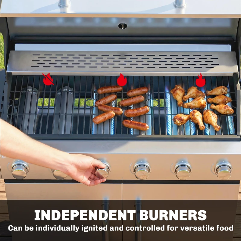 Outsunny 6 Burner Propane Gas Grill with Side Burner, Barbecue Grill with Cast Iron Grates, Wheels, Side Tables, Cabinet
