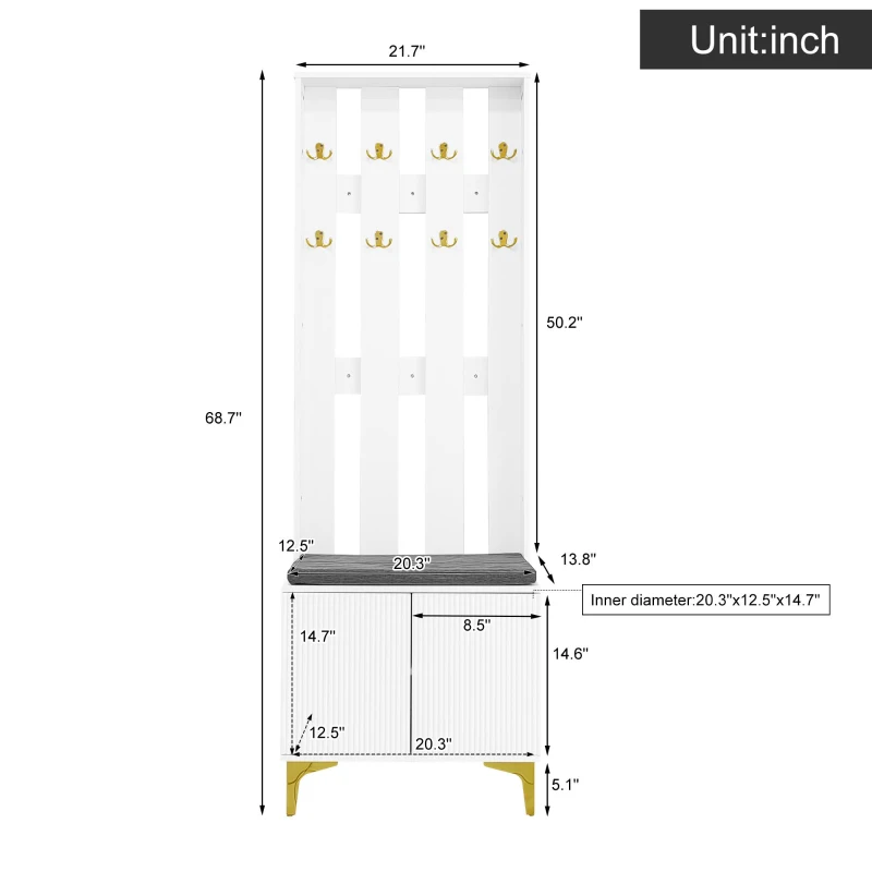 Functional Wardrobe Set with Multiple Compartments, Ideal Storage Unit for Hallways and Mudrooms, 21.5" L x 13.5" W x 68.5" H, White